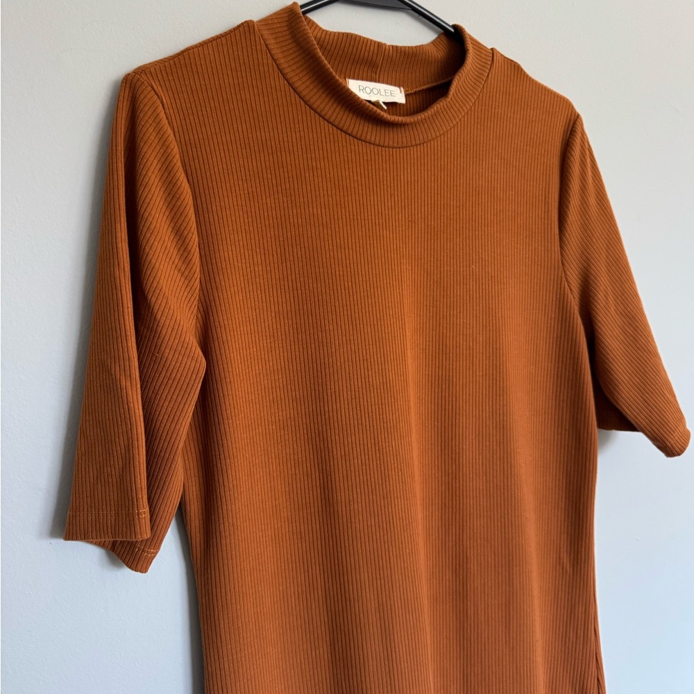Roolee Mock Neck Elbow Sleeve Midi Dress - Burnt Sienna - Size Large - Line New